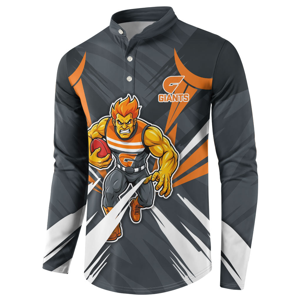 Greater Western Sydney Giants Australian Football Button Sweatshirt Powerful Muscle Mascot With Geometric Sunburst Motion Art