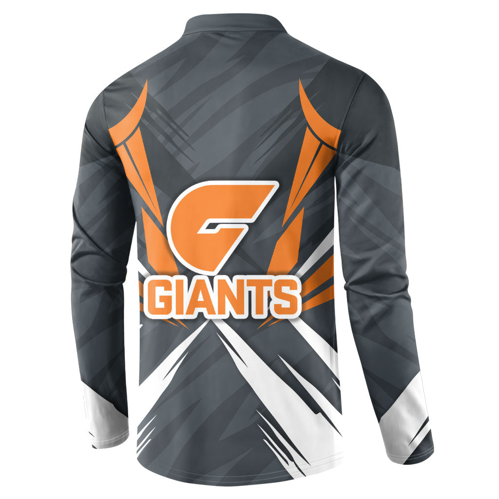 Greater Western Sydney Giants Australian Football Button Sweatshirt Powerful Muscle Mascot With Geometric Sunburst Motion Art