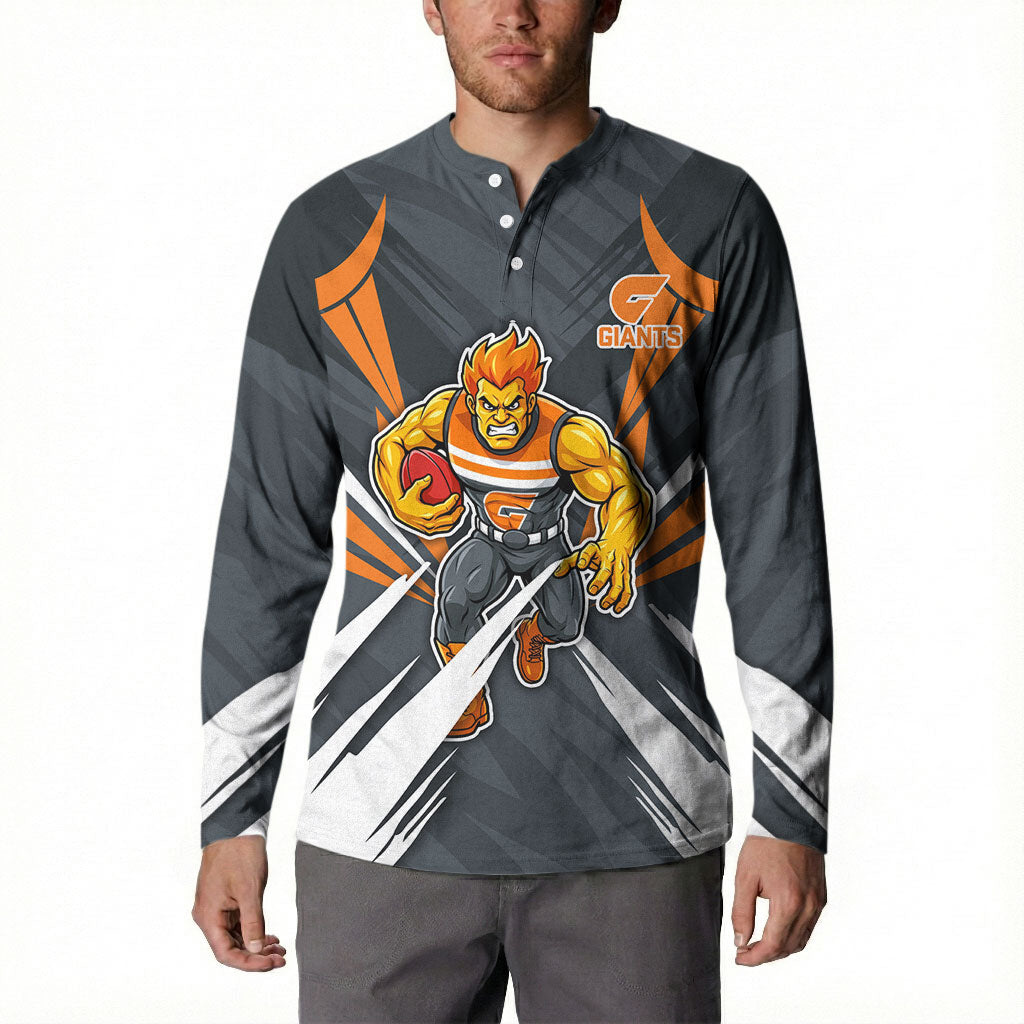 Greater Western Sydney Giants Australian Football Button Sweatshirt Powerful Muscle Mascot With Geometric Sunburst Motion Art