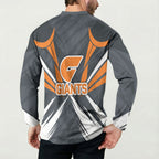 Greater Western Sydney Giants Australian Football Button Sweatshirt Powerful Muscle Mascot With Geometric Sunburst Motion Art