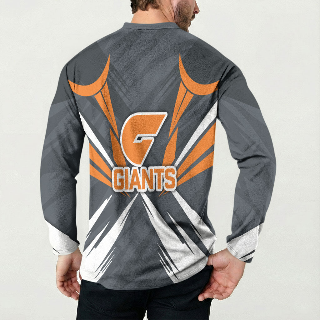 Greater Western Sydney Giants Australian Football Button Sweatshirt Powerful Muscle Mascot With Geometric Sunburst Motion Art