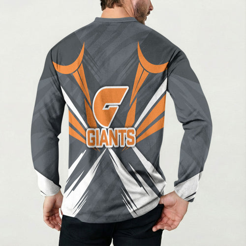 Greater Western Sydney Giants Australian Football Button Sweatshirt Powerful Muscle Mascot With Geometric Sunburst Motion Art