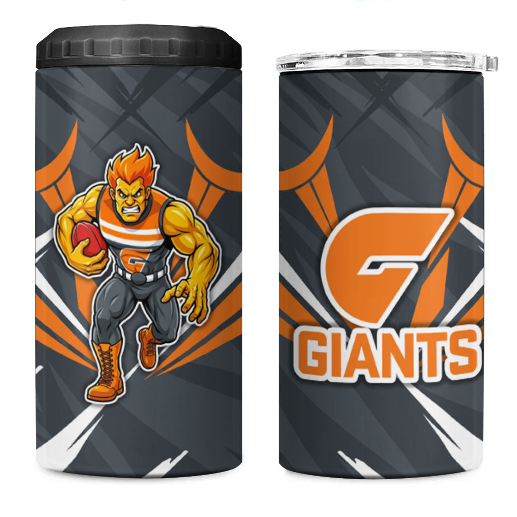 Greater Western Sydney Giants Australian Football 4 in 1 Can Cooler Tumbler Powerful Muscle Mascot With Geometric Sunburst Motion Art