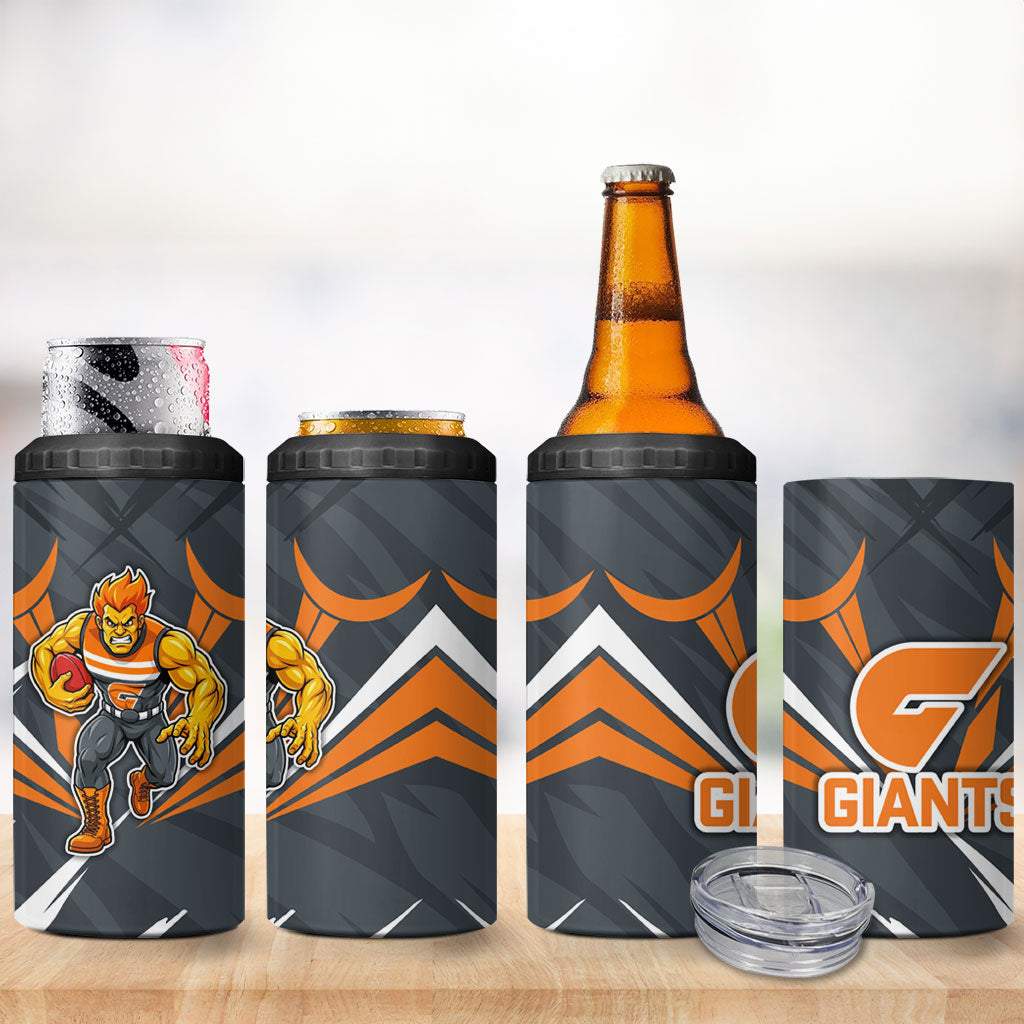 Greater Western Sydney Giants Australian Football 4 in 1 Can Cooler Tumbler Powerful Muscle Mascot With Geometric Sunburst Motion Art
