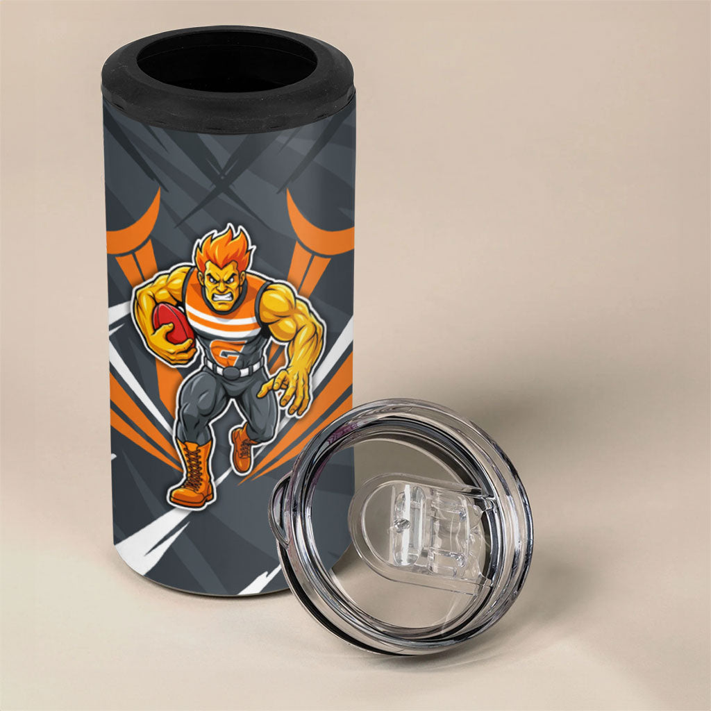 Greater Western Sydney Giants Australian Football 4 in 1 Can Cooler Tumbler Powerful Muscle Mascot With Geometric Sunburst Motion Art