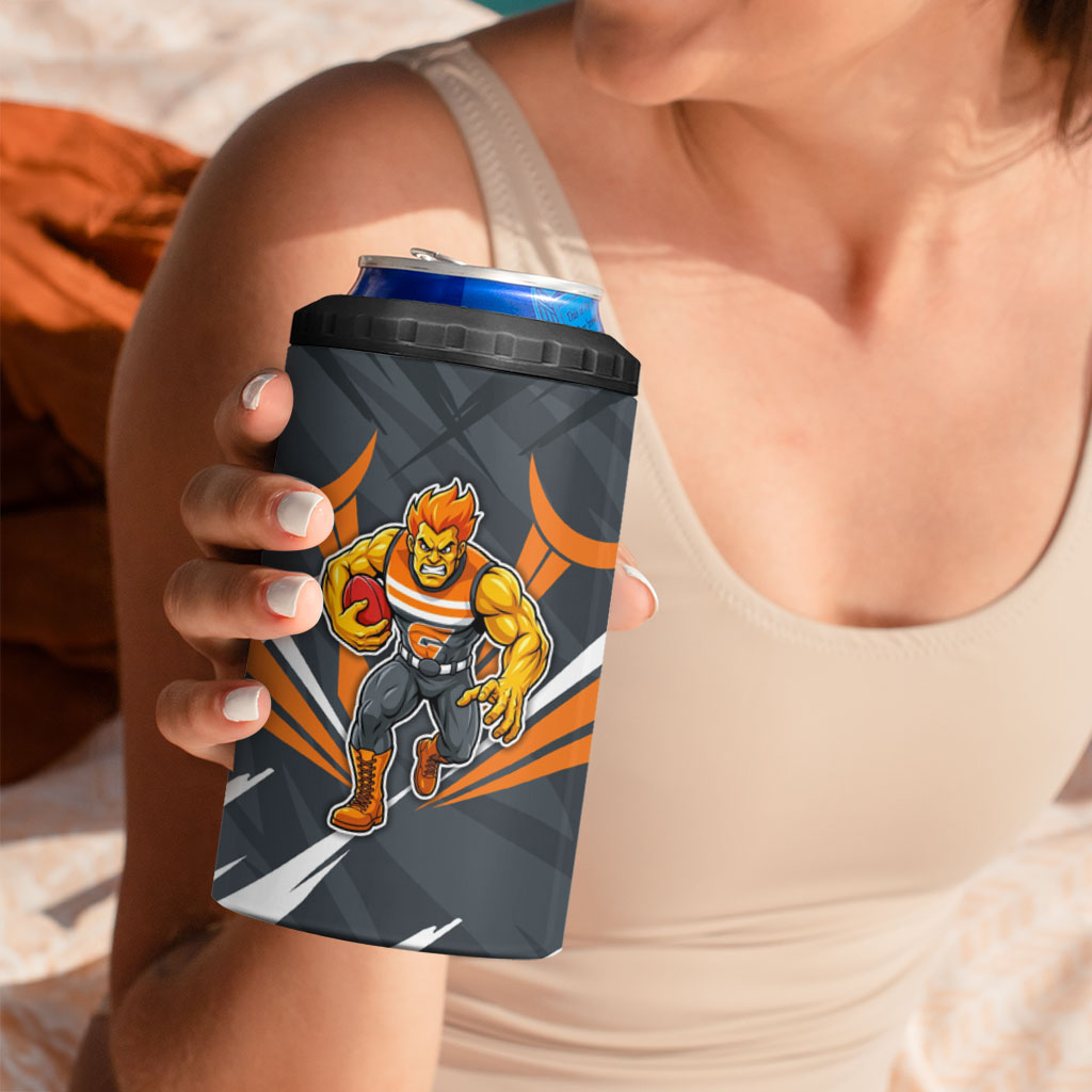 Greater Western Sydney Giants Australian Football 4 in 1 Can Cooler Tumbler Powerful Muscle Mascot With Geometric Sunburst Motion Art