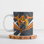 Greater Western Sydney Giants Australian Football Ceramic Mug Powerful Muscle Mascot With Geometric Sunburst Motion Art