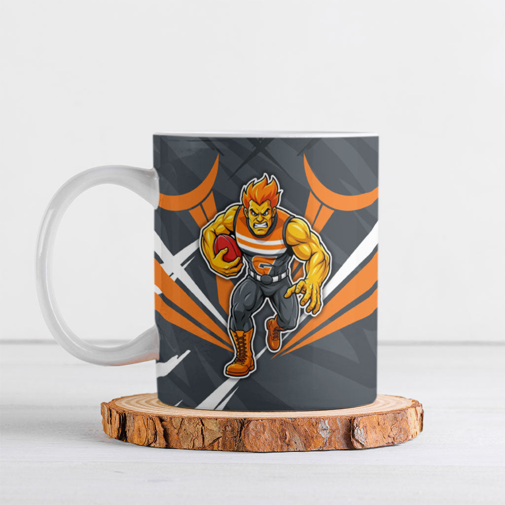 Greater Western Sydney Giants Australian Football Ceramic Mug Powerful Muscle Mascot With Geometric Sunburst Motion Art