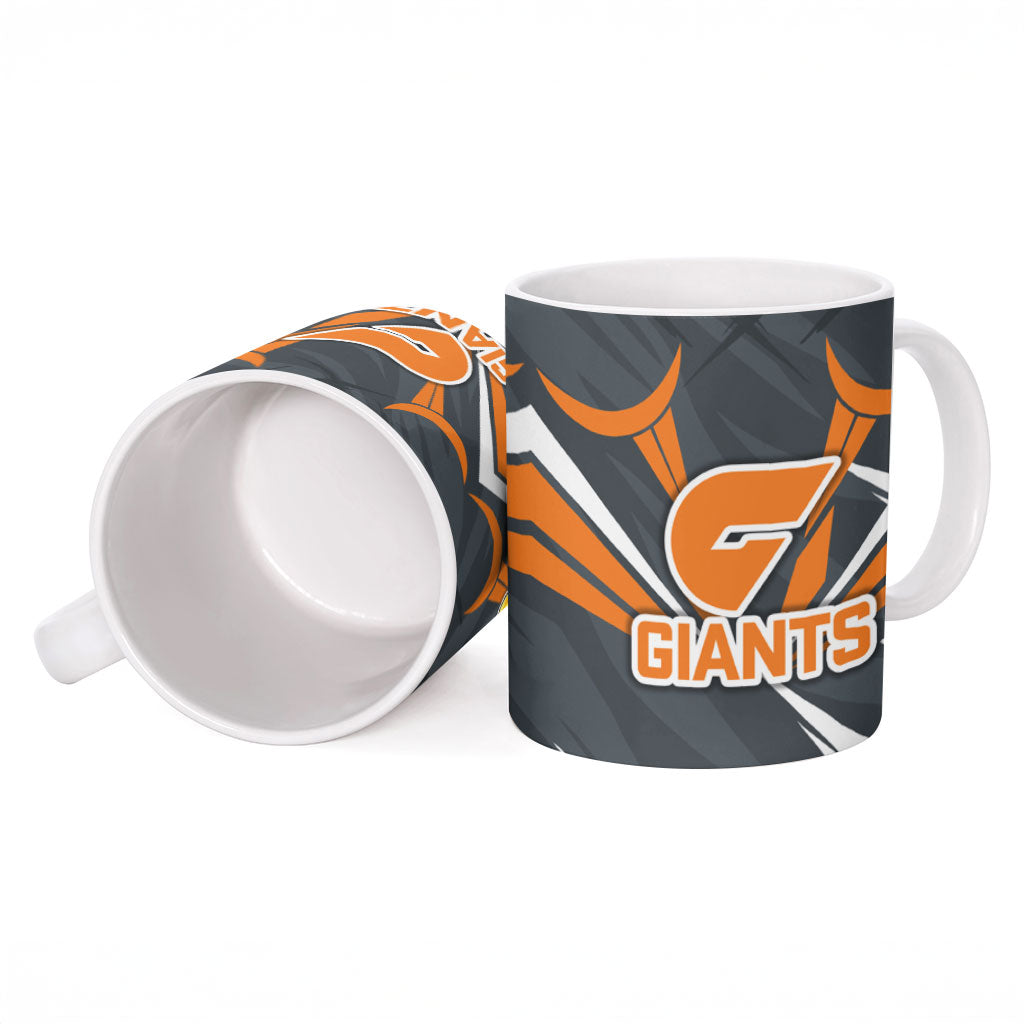 Greater Western Sydney Giants Australian Football Ceramic Mug Powerful Muscle Mascot With Geometric Sunburst Motion Art