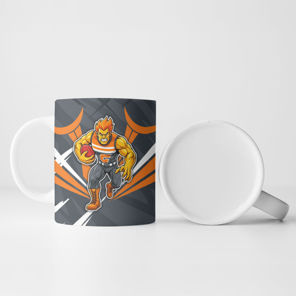 Greater Western Sydney Giants Australian Football Ceramic Mug Powerful Muscle Mascot With Geometric Sunburst Motion Art