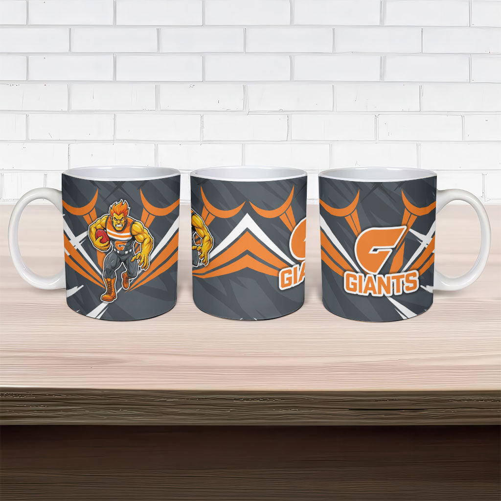 Greater Western Sydney Giants Australian Football Ceramic Mug Powerful Muscle Mascot With Geometric Sunburst Motion Art