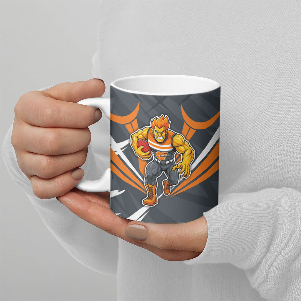 Greater Western Sydney Giants Australian Football Ceramic Mug Powerful Muscle Mascot With Geometric Sunburst Motion Art