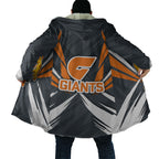 Greater Western Sydney Giants Australian Football Cloak Powerful Muscle Mascot With Geometric Sunburst Motion Art