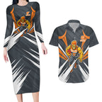 Greater Western Sydney Giants Australian Football Couples Matching Long Sleeve Bodycon Dress and Hawaiian Shirt Powerful Muscle Mascot With Geometric Sunburst Motion Art
