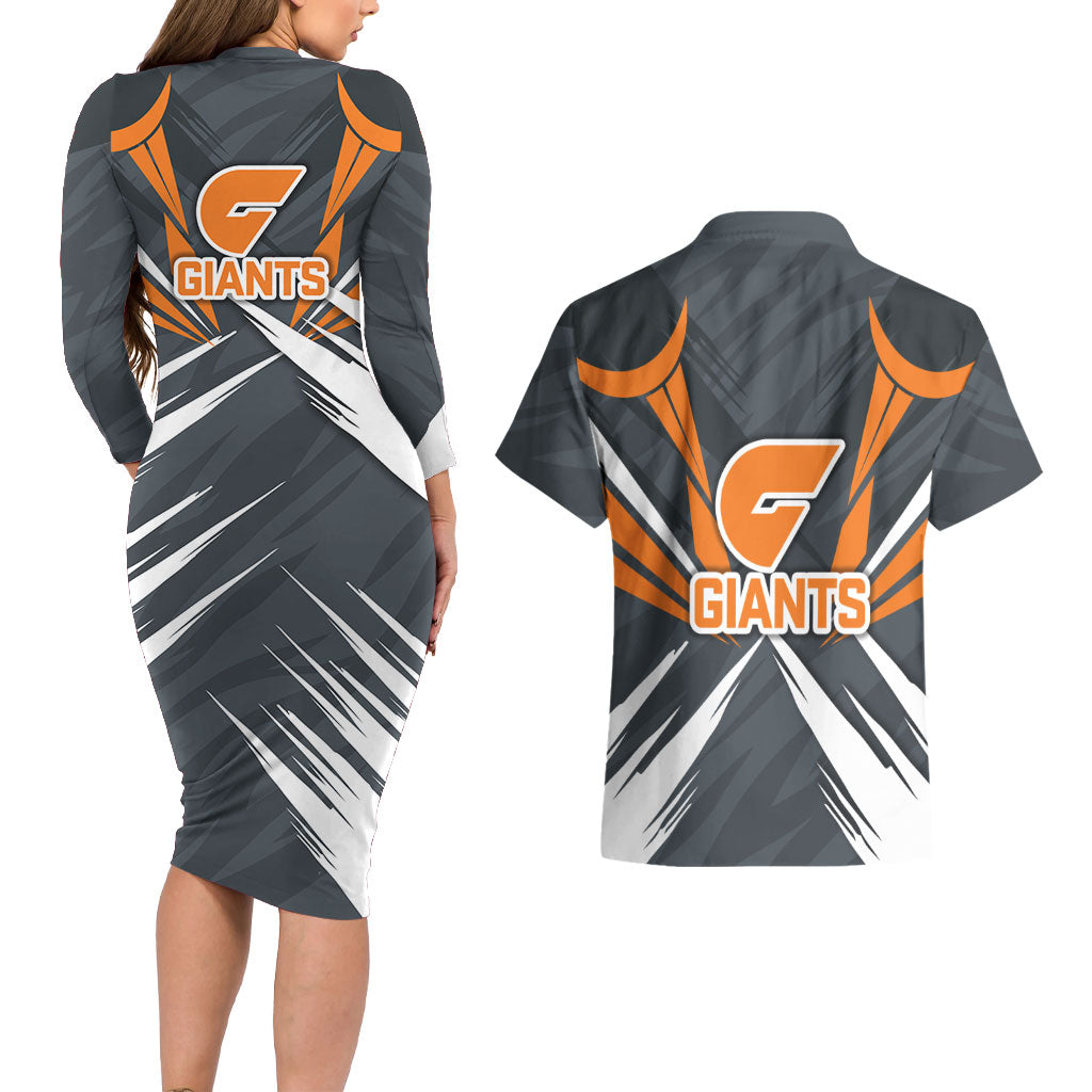 Greater Western Sydney Giants Australian Football Couples Matching Long Sleeve Bodycon Dress and Hawaiian Shirt Powerful Muscle Mascot With Geometric Sunburst Motion Art