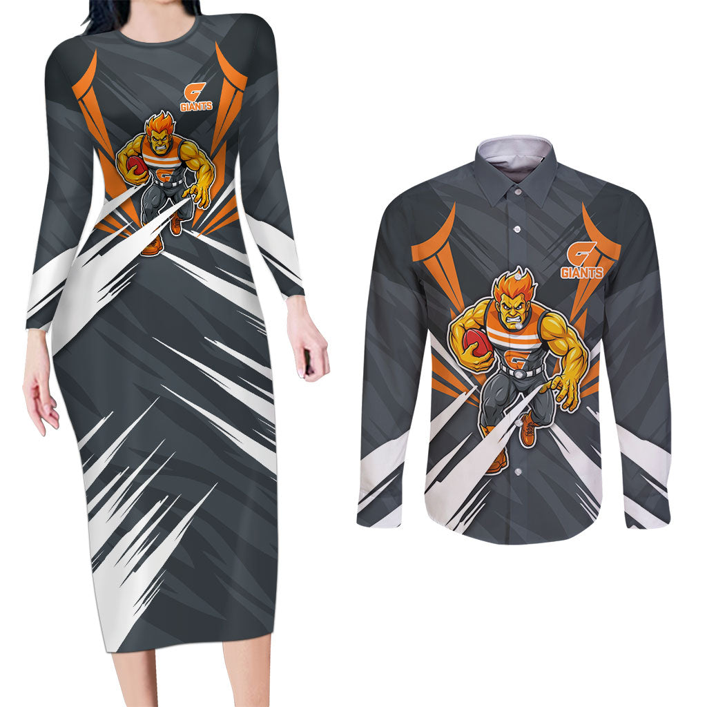 Greater Western Sydney Giants Australian Football Couples Matching Long Sleeve Bodycon Dress and Long Sleeve Button Shirt Powerful Muscle Mascot With Geometric Sunburst Motion Art