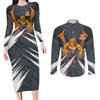 Greater Western Sydney Giants Australian Football Couples Matching Long Sleeve Bodycon Dress and Long Sleeve Button Shirt Powerful Muscle Mascot With Geometric Sunburst Motion Art