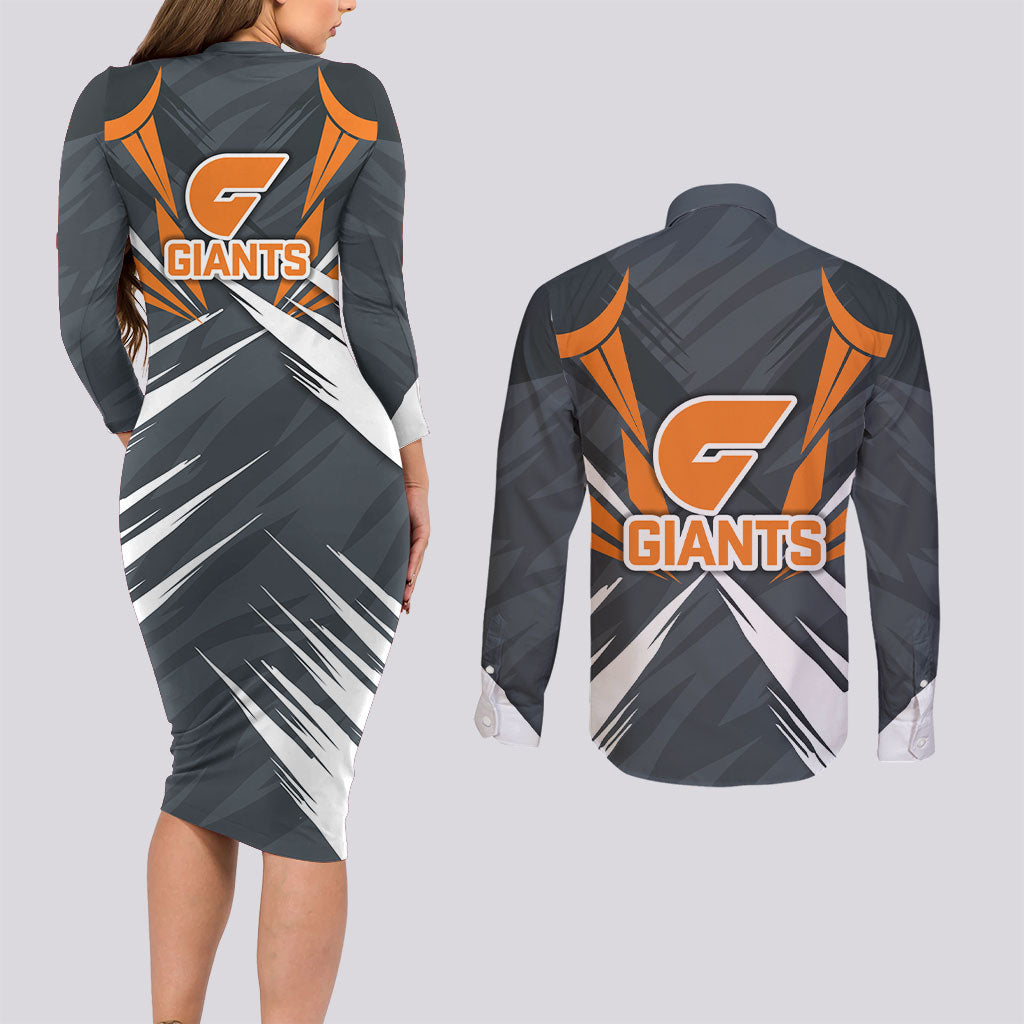 Greater Western Sydney Giants Australian Football Couples Matching Long Sleeve Bodycon Dress and Long Sleeve Button Shirt Powerful Muscle Mascot With Geometric Sunburst Motion Art