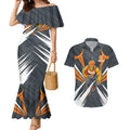 Greater Western Sydney Giants Australian Football Couples Matching Mermaid Dress and Hawaiian Shirt Powerful Muscle Mascot With Geometric Sunburst Motion Art