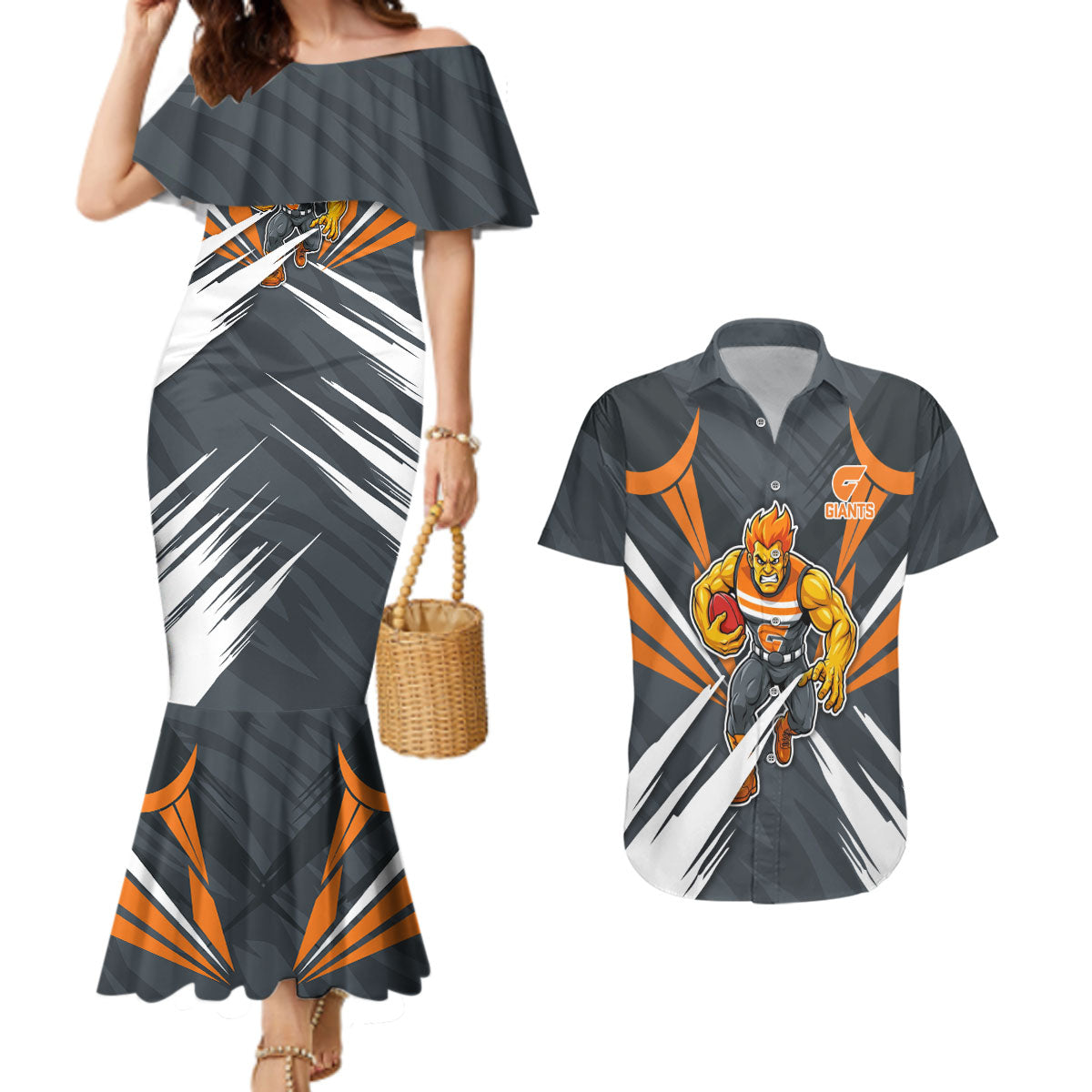 Greater Western Sydney Giants Australian Football Couples Matching Mermaid Dress and Hawaiian Shirt Powerful Muscle Mascot With Geometric Sunburst Motion Art