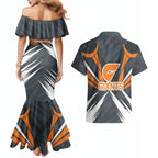 Greater Western Sydney Giants Australian Football Couples Matching Mermaid Dress and Hawaiian Shirt Powerful Muscle Mascot With Geometric Sunburst Motion Art