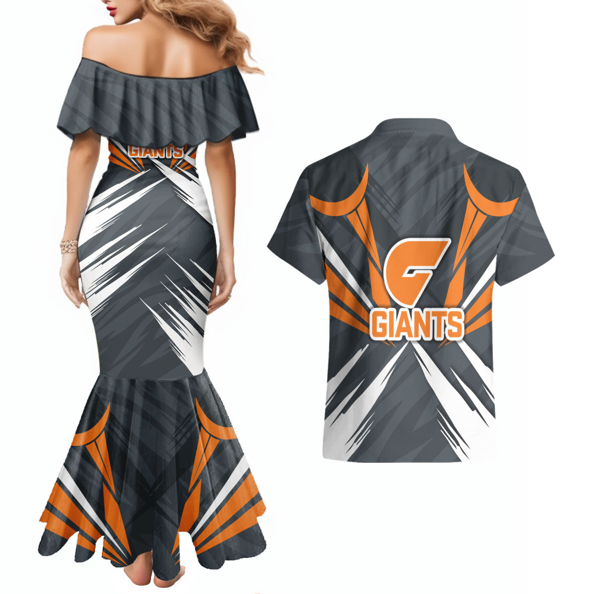 Greater Western Sydney Giants Australian Football Couples Matching Mermaid Dress and Hawaiian Shirt Powerful Muscle Mascot With Geometric Sunburst Motion Art
