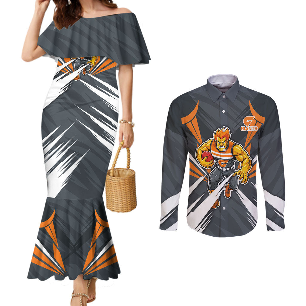 Greater Western Sydney Giants Australian Football Couples Matching Mermaid Dress and Long Sleeve Button Shirt Powerful Muscle Mascot With Geometric Sunburst Motion Art
