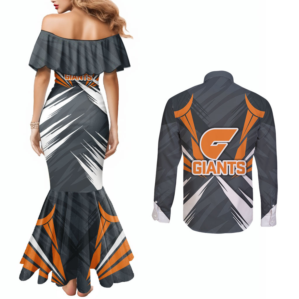 Greater Western Sydney Giants Australian Football Couples Matching Mermaid Dress and Long Sleeve Button Shirt Powerful Muscle Mascot With Geometric Sunburst Motion Art