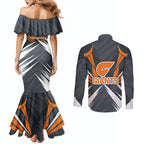 Greater Western Sydney Giants Australian Football Couples Matching Mermaid Dress and Long Sleeve Button Shirt Powerful Muscle Mascot With Geometric Sunburst Motion Art