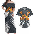Greater Western Sydney Giants Australian Football Couples Matching Off Shoulder Maxi Dress and Hawaiian Shirt Powerful Muscle Mascot With Geometric Sunburst Motion Art