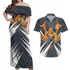Greater Western Sydney Giants Australian Football Couples Matching Off Shoulder Maxi Dress and Hawaiian Shirt Powerful Muscle Mascot With Geometric Sunburst Motion Art