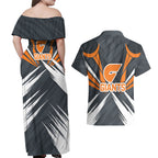 Greater Western Sydney Giants Australian Football Couples Matching Off Shoulder Maxi Dress and Hawaiian Shirt Powerful Muscle Mascot With Geometric Sunburst Motion Art
