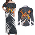 Greater Western Sydney Giants Australian Football Couples Matching Off Shoulder Maxi Dress and Long Sleeve Button Shirt Powerful Muscle Mascot With Geometric Sunburst Motion Art
