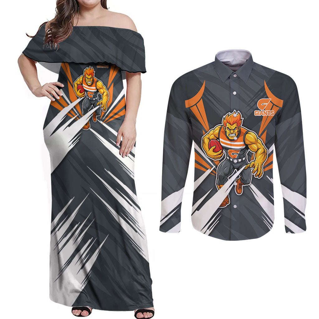 Greater Western Sydney Giants Australian Football Couples Matching Off Shoulder Maxi Dress and Long Sleeve Button Shirt Powerful Muscle Mascot With Geometric Sunburst Motion Art