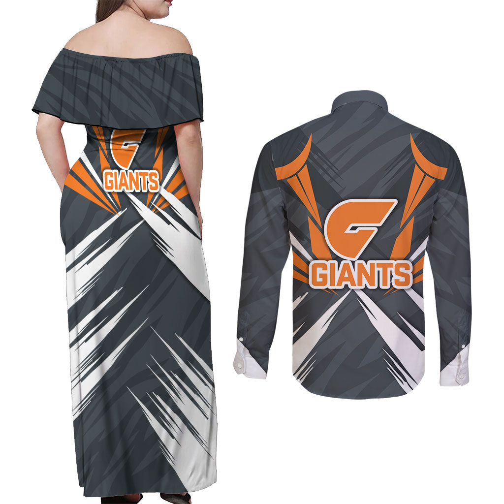 Greater Western Sydney Giants Australian Football Couples Matching Off Shoulder Maxi Dress and Long Sleeve Button Shirt Powerful Muscle Mascot With Geometric Sunburst Motion Art