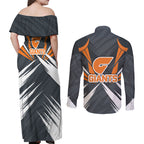 Greater Western Sydney Giants Australian Football Couples Matching Off Shoulder Maxi Dress and Long Sleeve Button Shirt Powerful Muscle Mascot With Geometric Sunburst Motion Art