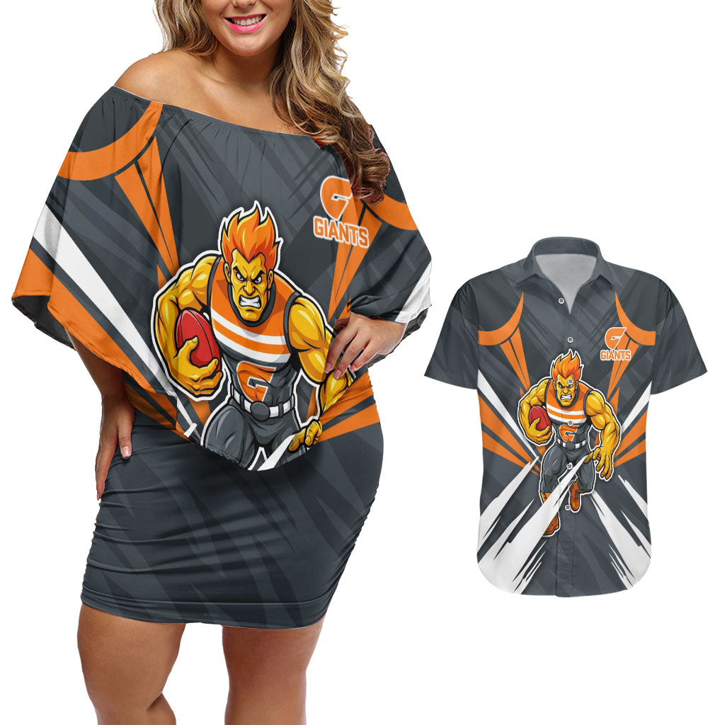 Greater Western Sydney Giants Australian Football Couples Matching Off Shoulder Short Dress and Hawaiian Shirt Powerful Muscle Mascot With Geometric Sunburst Motion Art