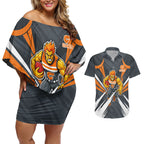 Greater Western Sydney Giants Australian Football Couples Matching Off Shoulder Short Dress and Hawaiian Shirt Powerful Muscle Mascot With Geometric Sunburst Motion Art