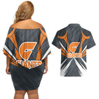 Greater Western Sydney Giants Australian Football Couples Matching Off Shoulder Short Dress and Hawaiian Shirt Powerful Muscle Mascot With Geometric Sunburst Motion Art