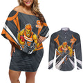 Greater Western Sydney Giants Australian Football Couples Matching Off Shoulder Short Dress and Long Sleeve Button Shirt Powerful Muscle Mascot With Geometric Sunburst Motion Art
