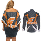 Greater Western Sydney Giants Australian Football Couples Matching Off Shoulder Short Dress and Long Sleeve Button Shirt Powerful Muscle Mascot With Geometric Sunburst Motion Art