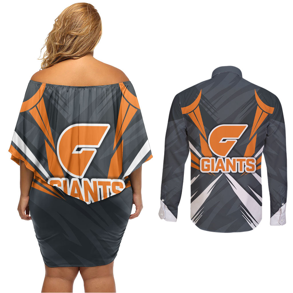 Greater Western Sydney Giants Australian Football Couples Matching Off Shoulder Short Dress and Long Sleeve Button Shirt Powerful Muscle Mascot With Geometric Sunburst Motion Art