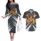 Greater Western Sydney Giants Australian Football Couples Matching Off The Shoulder Long Sleeve Dress and Hawaiian Shirt Powerful Muscle Mascot With Geometric Sunburst Motion Art