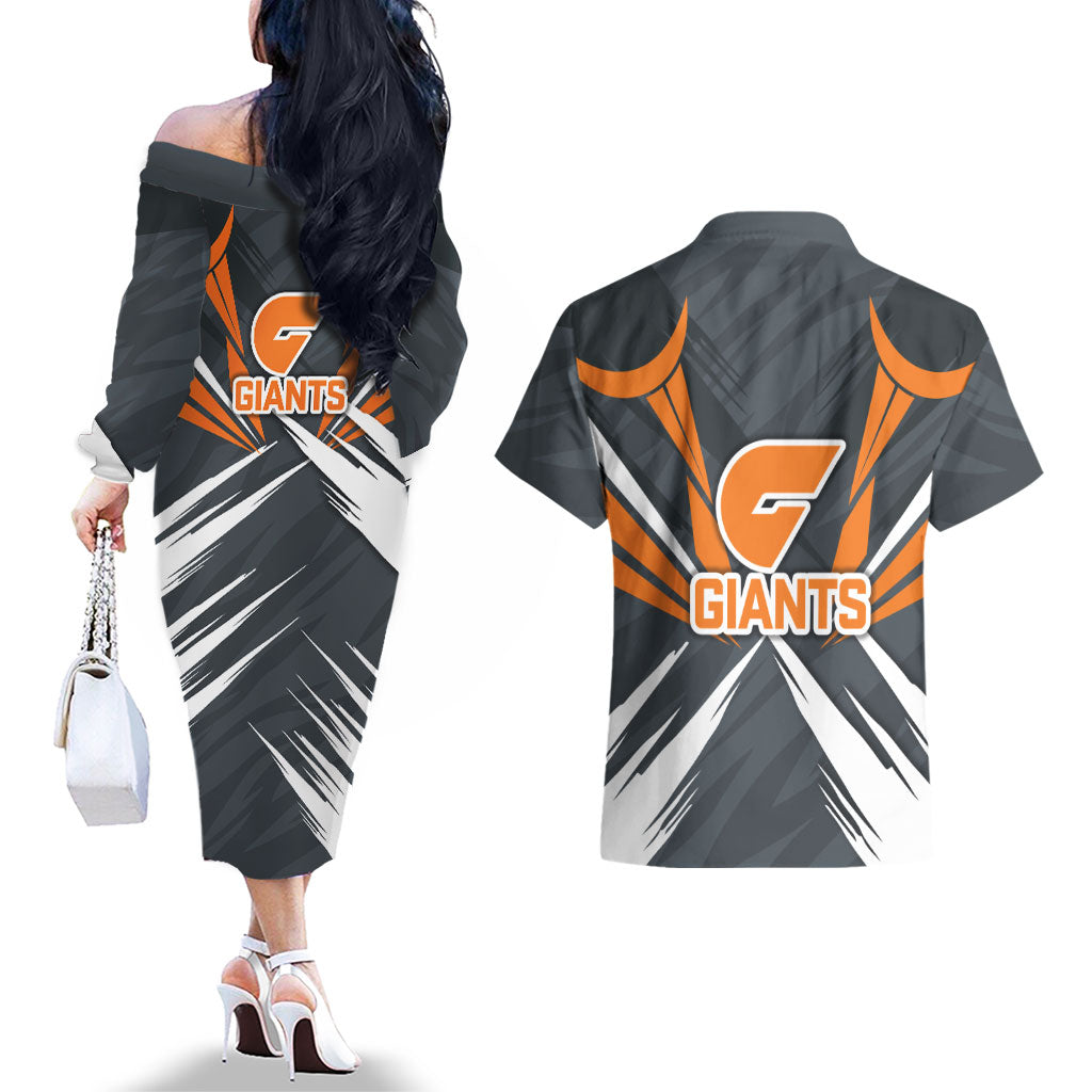 Greater Western Sydney Giants Australian Football Couples Matching Off The Shoulder Long Sleeve Dress and Hawaiian Shirt Powerful Muscle Mascot With Geometric Sunburst Motion Art