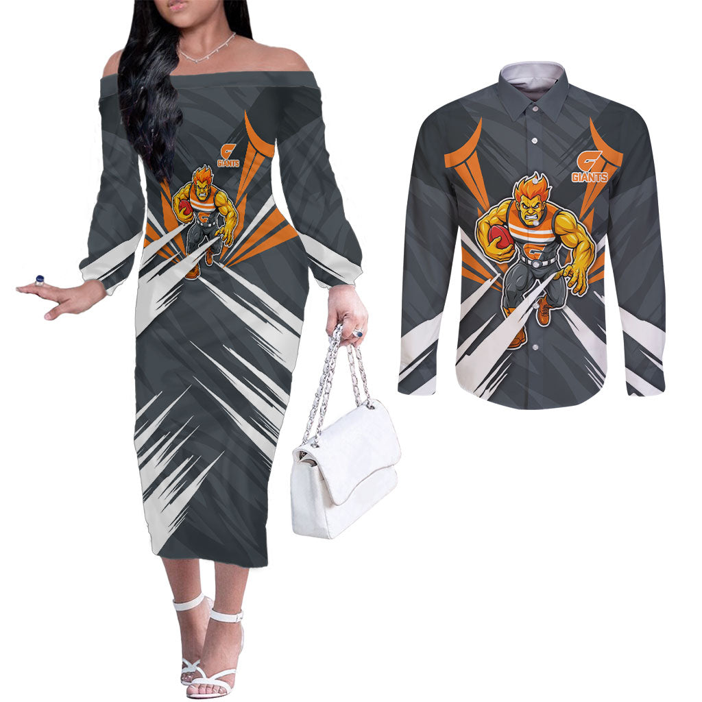 Greater Western Sydney Giants Australian Football Couples Matching Off The Shoulder Long Sleeve Dress and Long Sleeve Button Shirt Powerful Muscle Mascot With Geometric Sunburst Motion Art