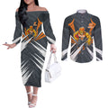Greater Western Sydney Giants Australian Football Couples Matching Off The Shoulder Long Sleeve Dress and Long Sleeve Button Shirt Powerful Muscle Mascot With Geometric Sunburst Motion Art