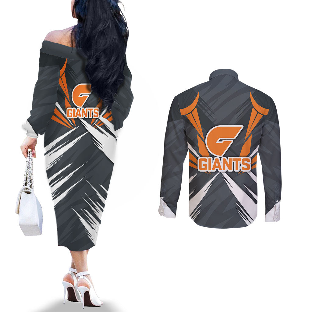 Greater Western Sydney Giants Australian Football Couples Matching Off The Shoulder Long Sleeve Dress and Long Sleeve Button Shirt Powerful Muscle Mascot With Geometric Sunburst Motion Art