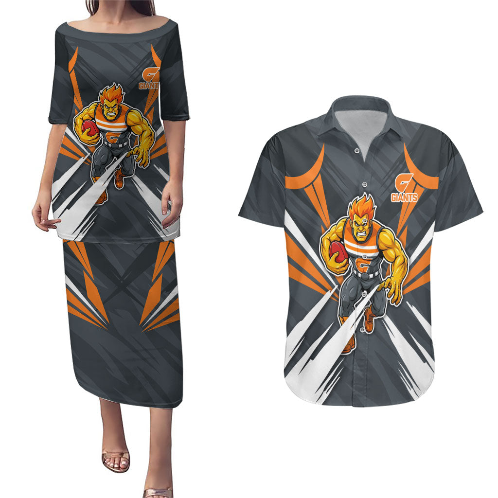 Greater Western Sydney Giants Australian Football Couples Matching Puletasi and Hawaiian Shirt Powerful Muscle Mascot With Geometric Sunburst Motion Art