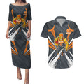 Greater Western Sydney Giants Australian Football Couples Matching Puletasi and Hawaiian Shirt Powerful Muscle Mascot With Geometric Sunburst Motion Art