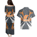 Greater Western Sydney Giants Australian Football Couples Matching Puletasi and Hawaiian Shirt Powerful Muscle Mascot With Geometric Sunburst Motion Art